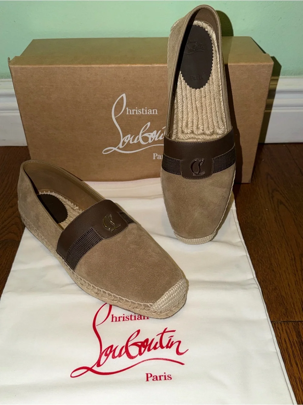 Christian Louboutin Alfarica Brown Tan Suede Slip-On Espadrilles